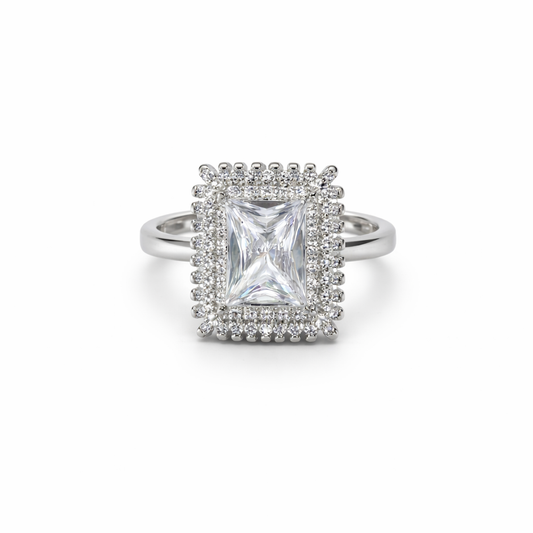 92.5 Pure Silver Halo Ring Rectangle White