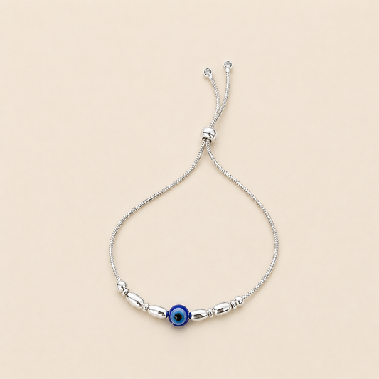 Silver Evil Eye Silver Beads Adjustable Bracelet