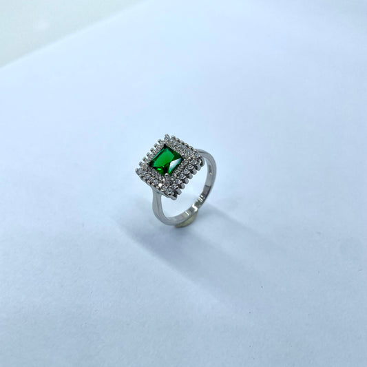 92.5 Pure Silver Halo Ring Green Square
