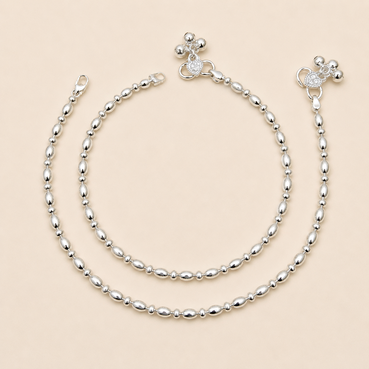 Silver Oval and Round Silver Beaded Anklet - Sleek and Minimal