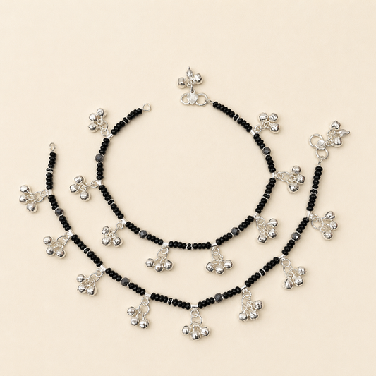 Silver Black Beads Anklet with Eight Bunch of Ghughru for Women