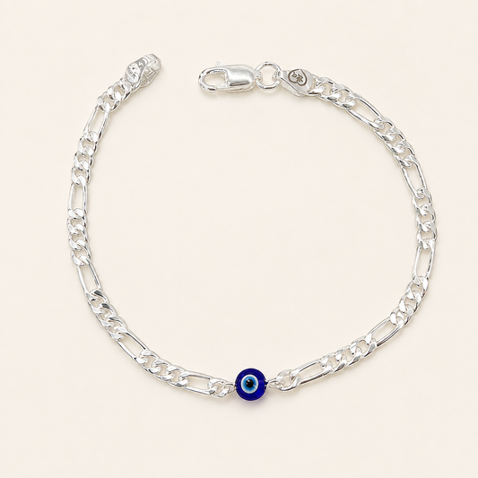 Silver Figaro Evil Eye Bracelet
