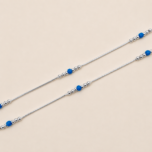 Silver Snake Chain Anklet with Sky Blue Beads for Girls - Modern & Minimal