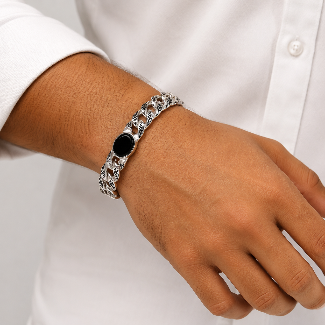 Silver Cuban Oxidised Men Bracelet with Oval Black Stone