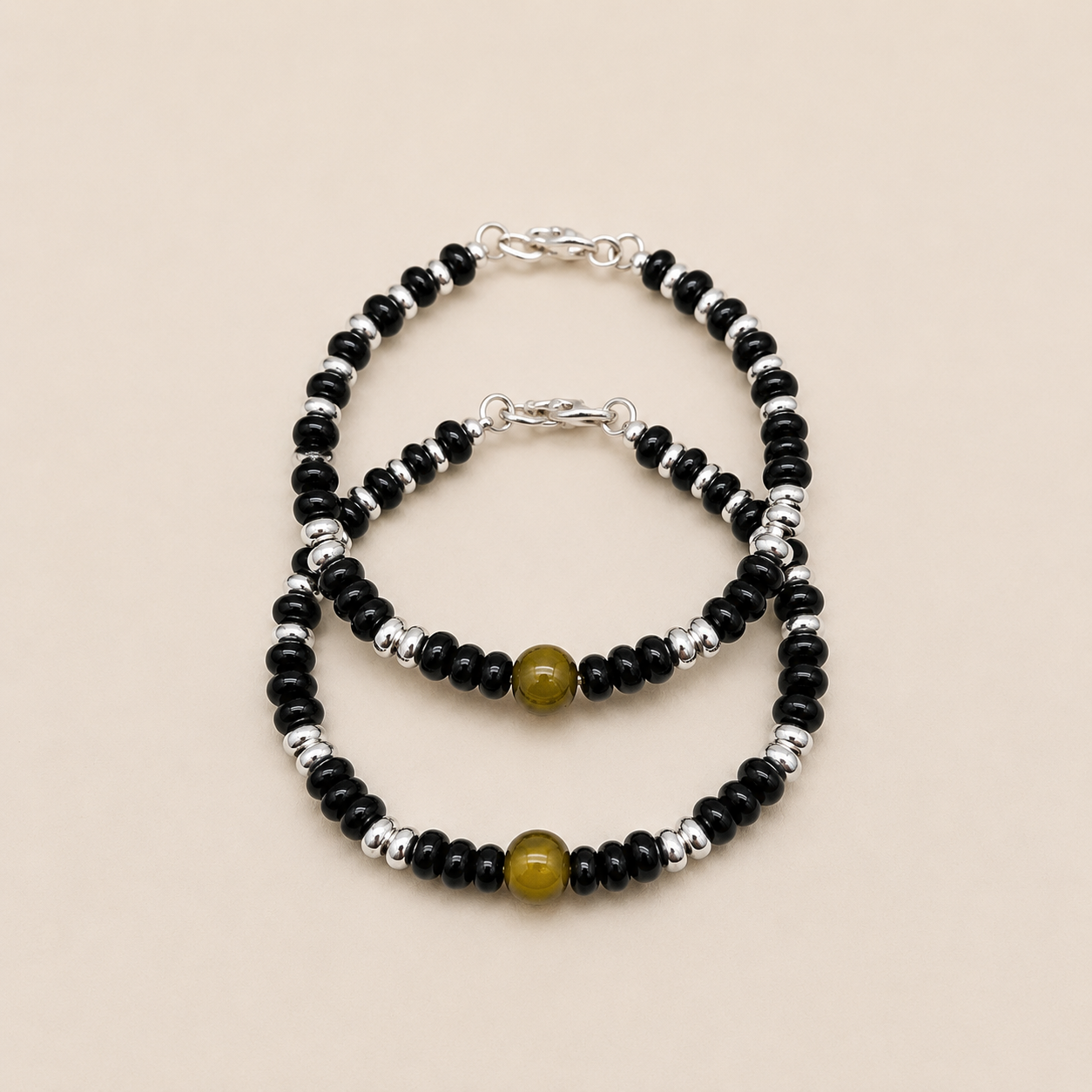 Silver Kids Nazariya with Olive Green Beads