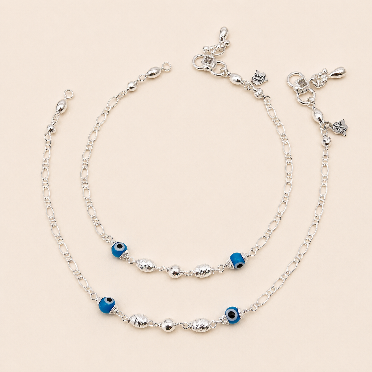 Silver Double Evil Eye Blue with CNC Balls Anklet
