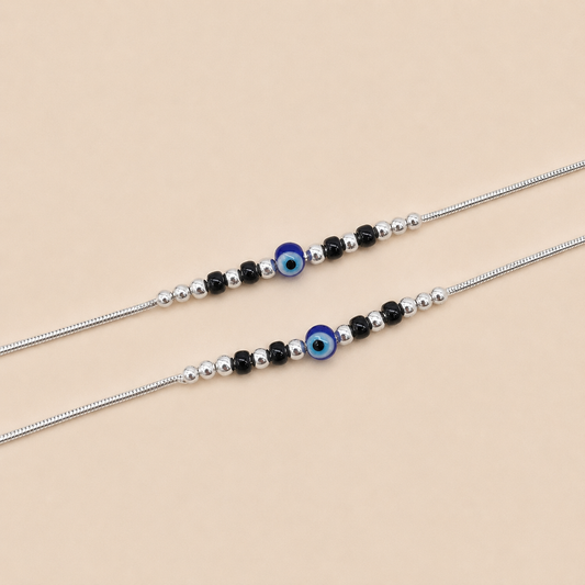 Silver Evil Eye with Black Beads Anklet for Casual Look