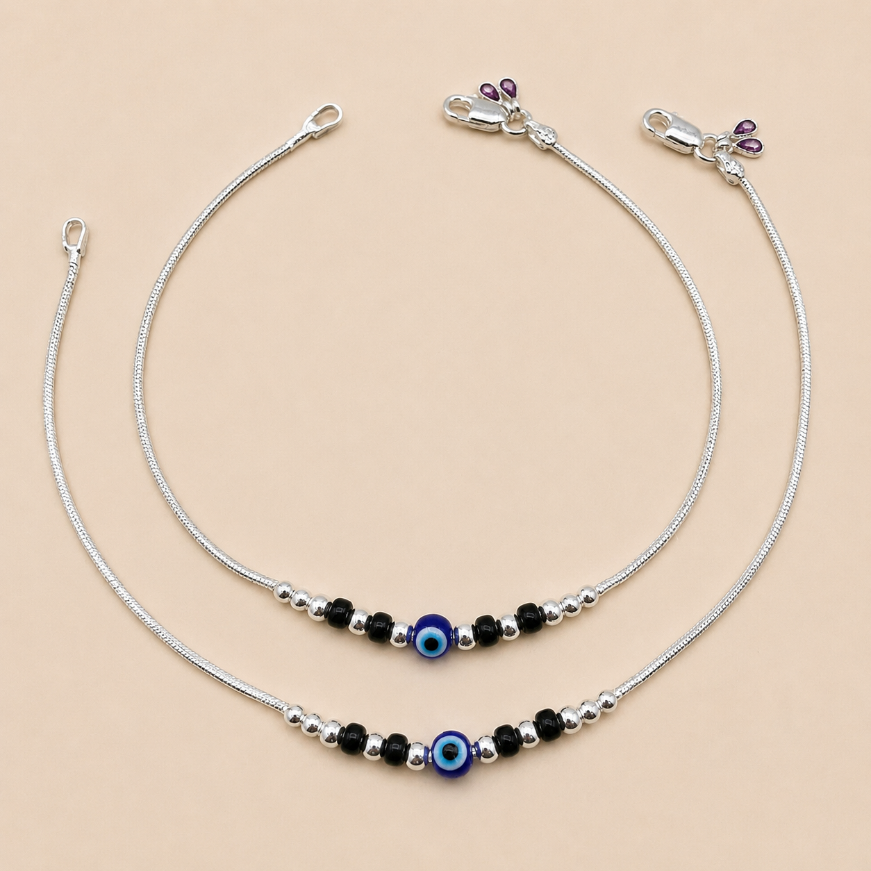 Silver Evil Eye with Black Beads Anklet for Casual Look
