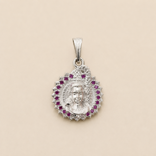 Silver Shiv ji Pendant with Pink Stones