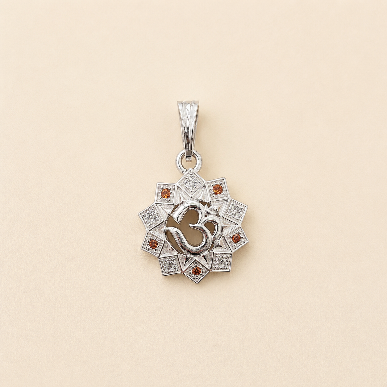 Silver Om Pendant with Orange Stone