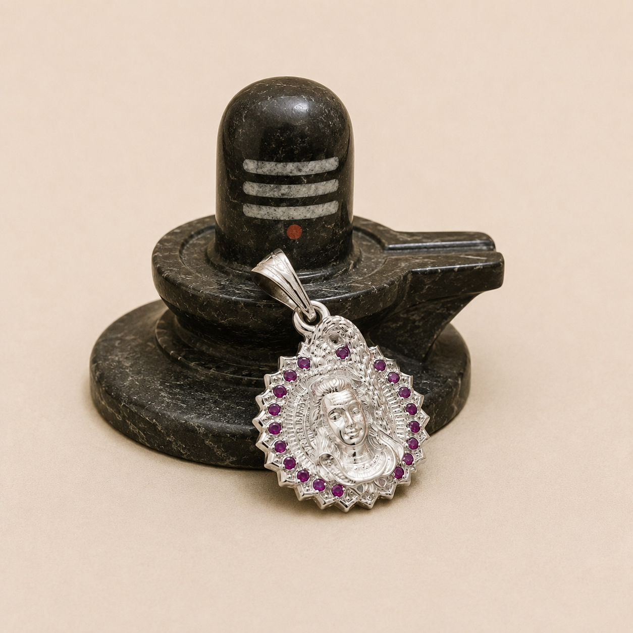 Silver Shiv ji Pendant with Pink Stones