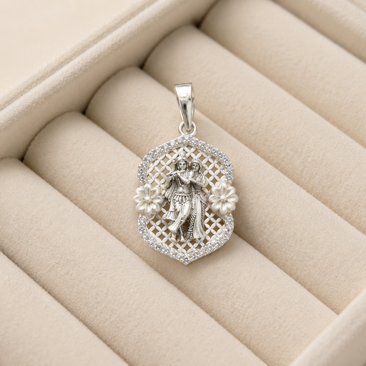 Silver Matte Finish Radha Krishna Pendant with Cz Stone