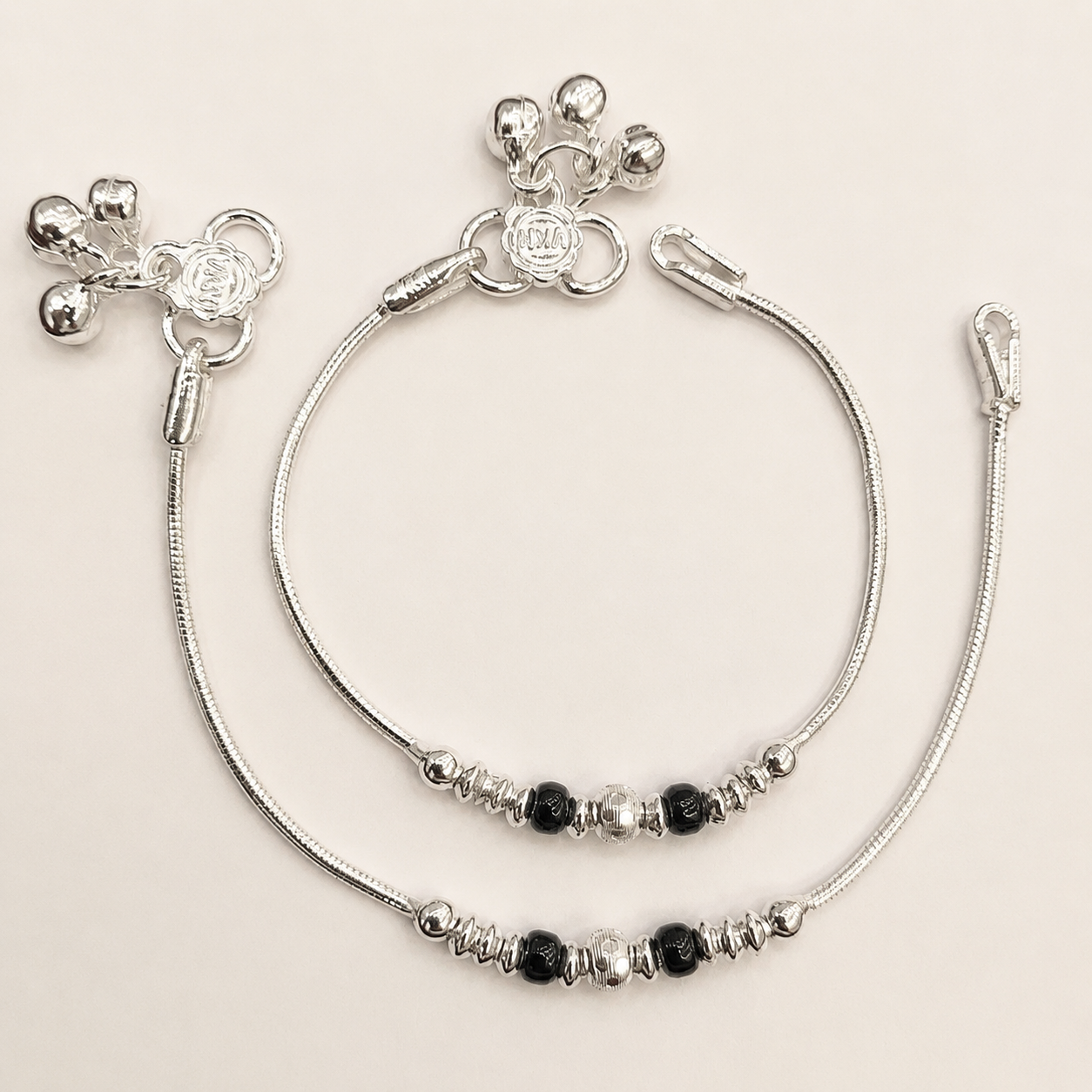 Silver 6.25 inch Black Beads Anklet For Kids
