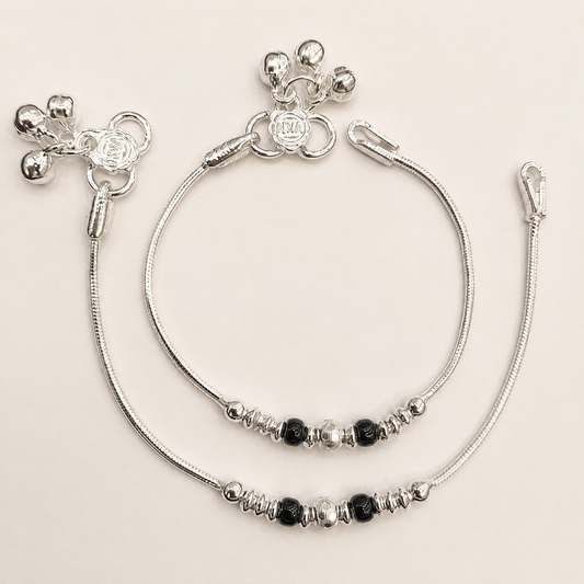 Silver 6.25 inch Black Beads Anklet For Kids