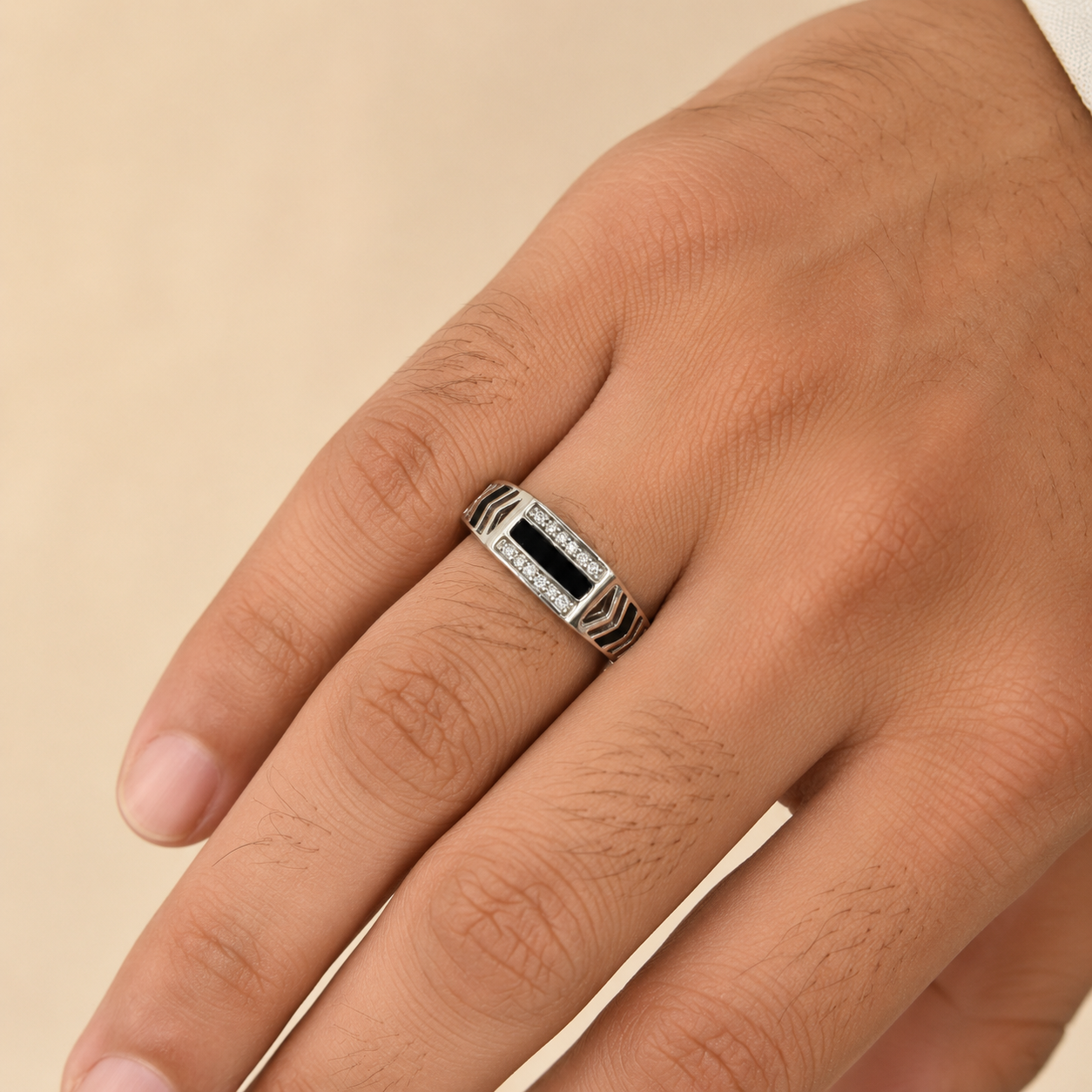 92.5 Pure Silver Black Enamel with Cz Stone studded Ring for Him