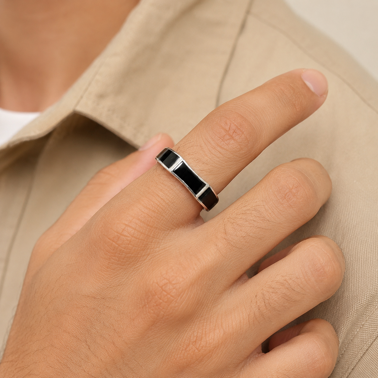92.5 Pure Silver Minimal - Sleek Black Meena Ring