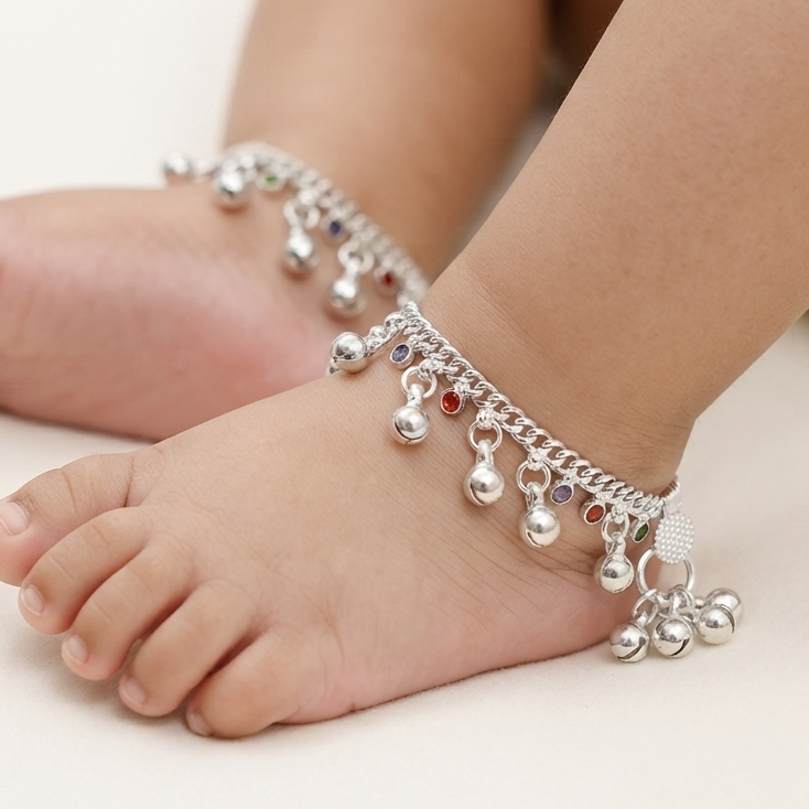 Silver Handmade Stone-Ghughru Payal for Kids