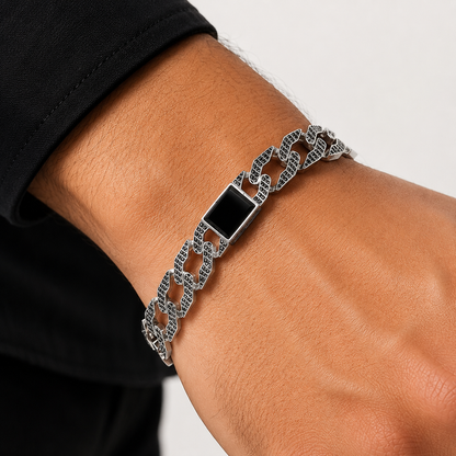 Silver Oxidised Men Bracelet with Rectangle Black Stone