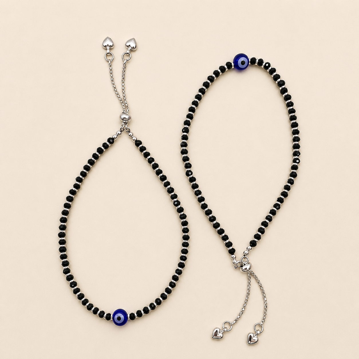 Silver 1 Evil Eye with Black Beads Adjustable anklet