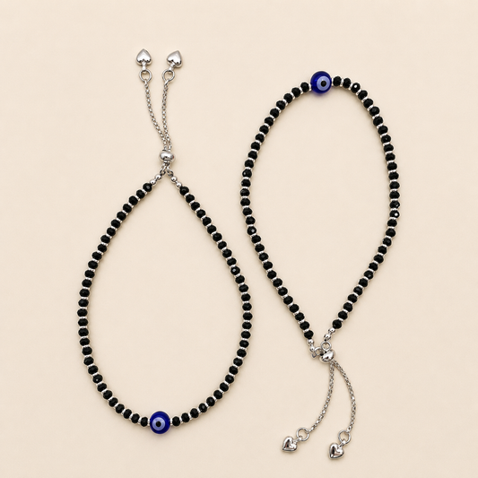 Silver 1 Evil Eye with Black Beads Adjustable anklet