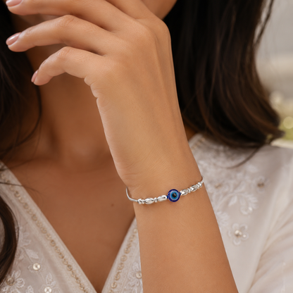 Silver Evil Eye Silver Beads Adjustable Bracelet