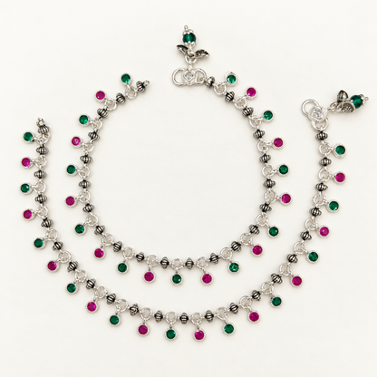 Silver Ox Payal with Hanging Stones