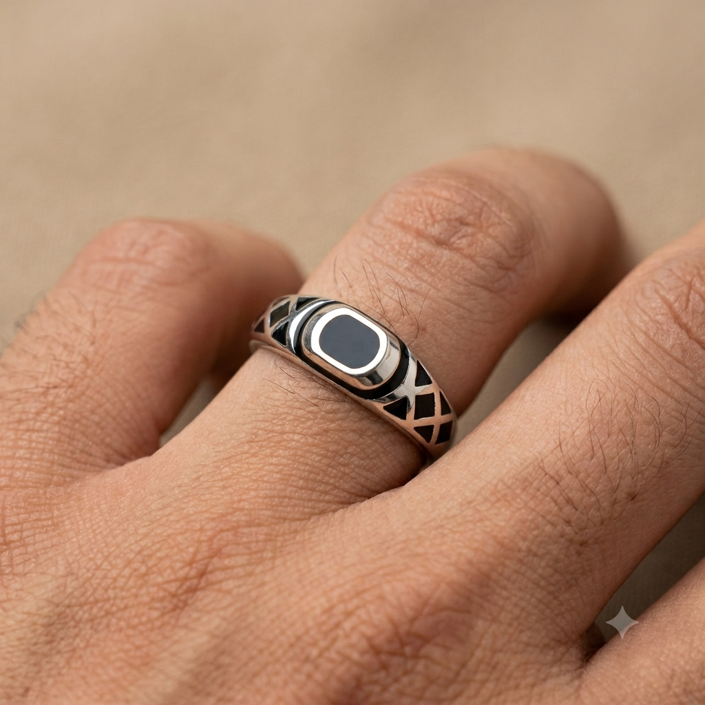92.5 Pure Silver Black Enamel Ring with Cross Pattern Designs