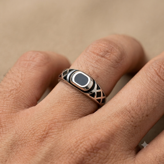 92.5 Pure Silver Black Enamel Ring with Cross Pattern Designs