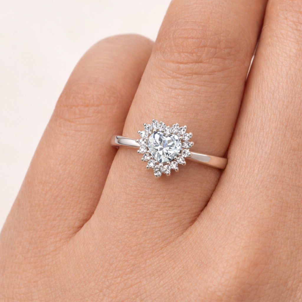 92.5 Pure Silver Halo Ring Heart White