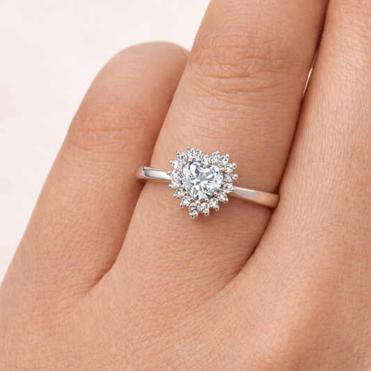 92.5 Pure Silver Halo Ring Heart White