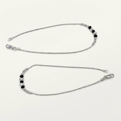 Silver Minimal Black Beads Anklet