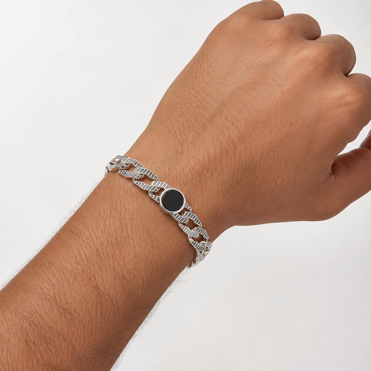 Silver Oxidised Men Bracelet with Round Black Stone