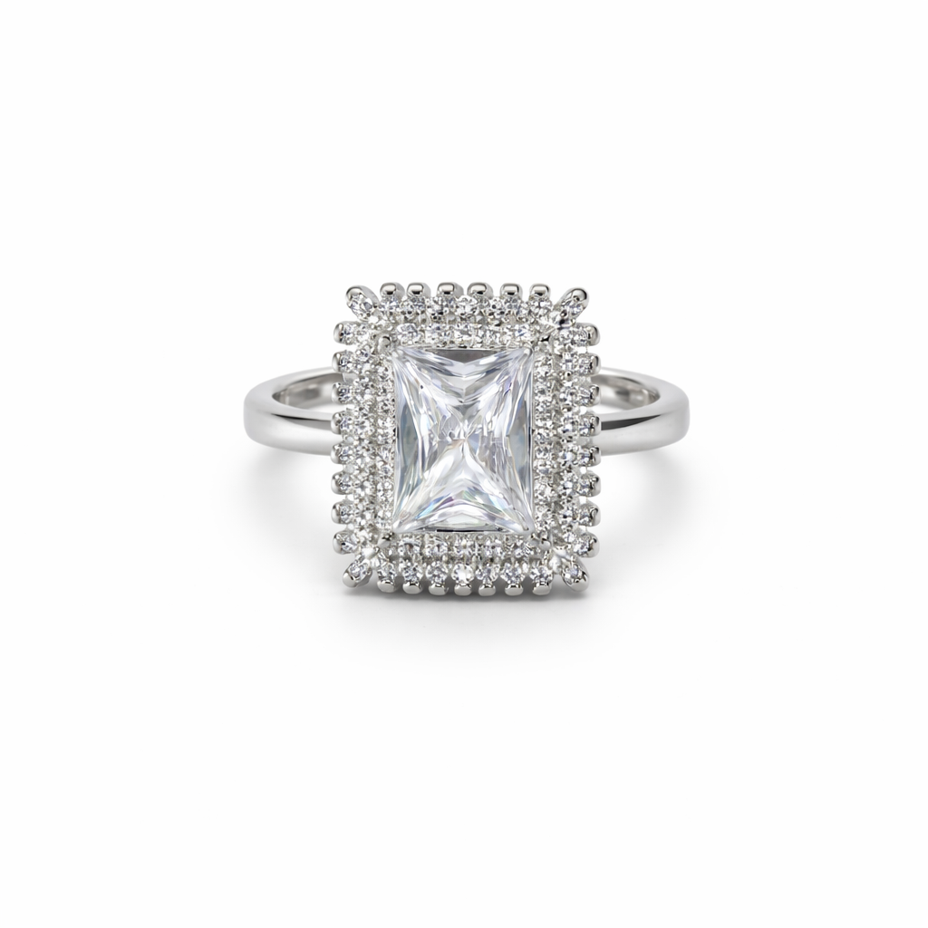 92.5 Pure Silver Halo Ring Rectangle White