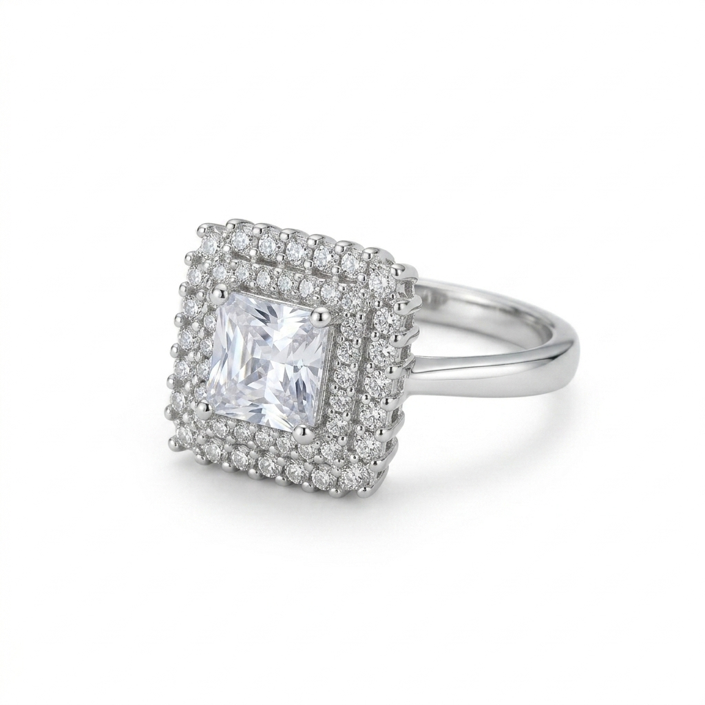 92.5 Pure Silver Double Studded Halo Ring white Square