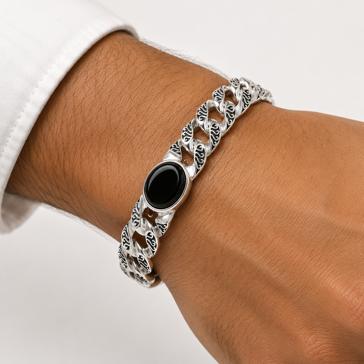 Silver Cuban Oxidised Men Bracelet with Oval Black Stone