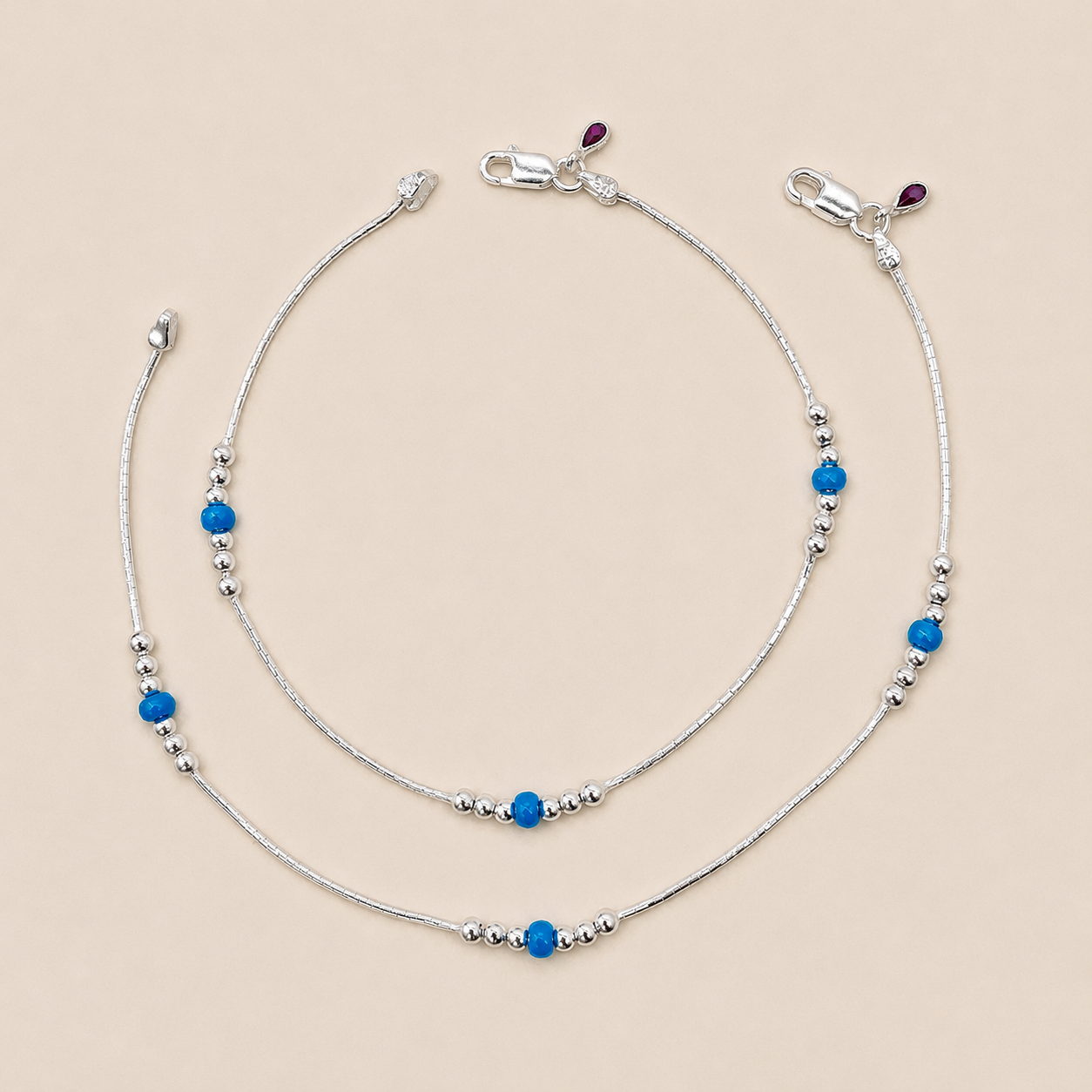 Silver Snake Chain Anklet with Sky Blue Beads for Girls - Modern & Minimal