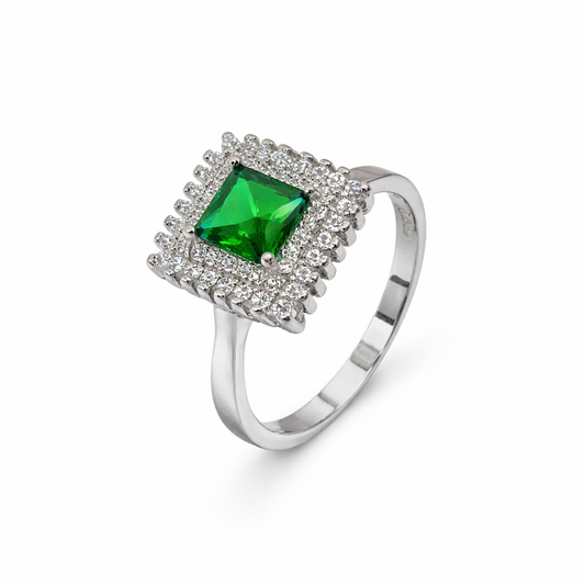 92.5 Pure Silver Halo Ring Green Square