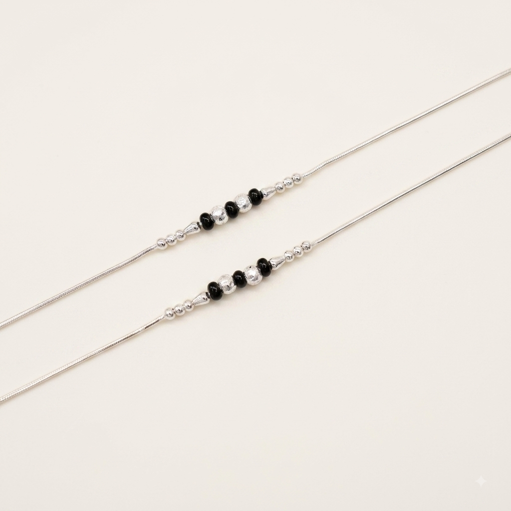 Silver Minimal Black Beads Anklet