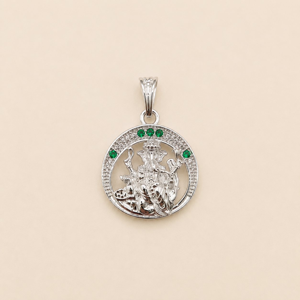 Silver Ganesh ji Pendant | Round with Green Stones