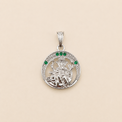 Silver Ganesh ji Pendant | Round with Green Stones