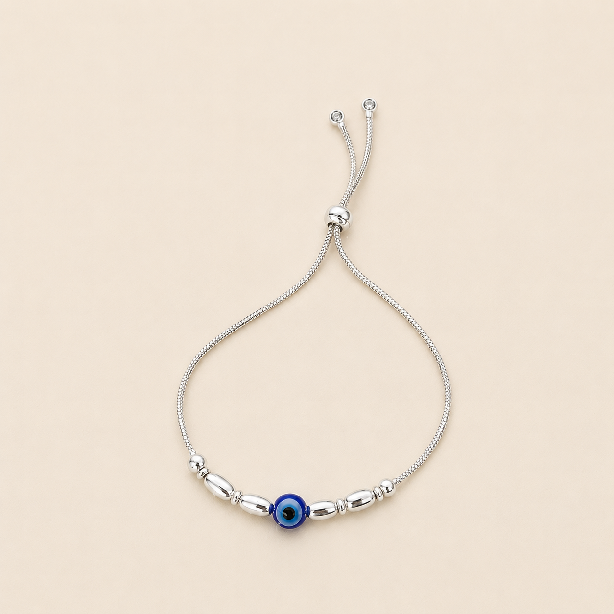 Silver Evil Eye Silver Beads Adjustable Bracelet