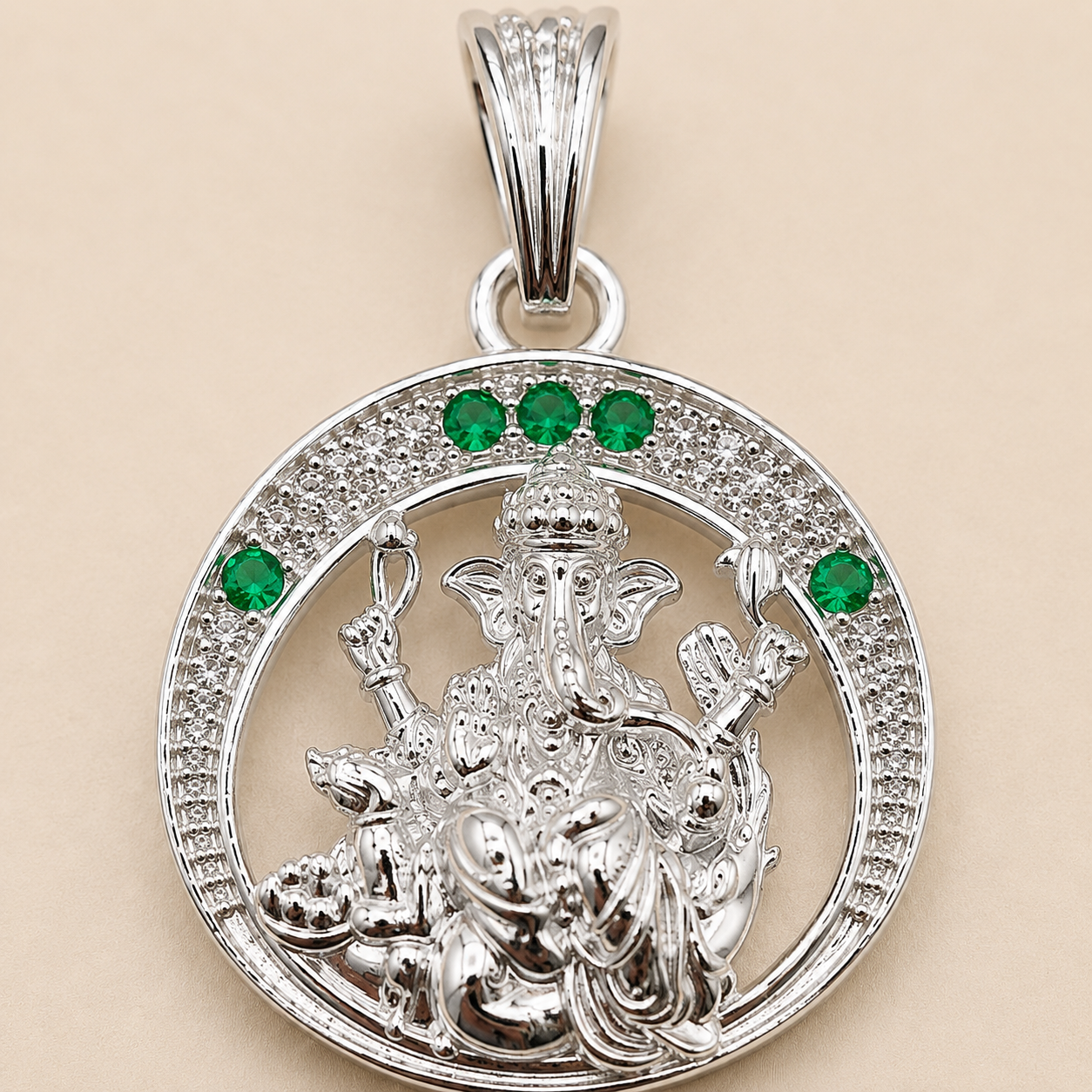Silver Ganesh ji Pendant | Round with Green Stones