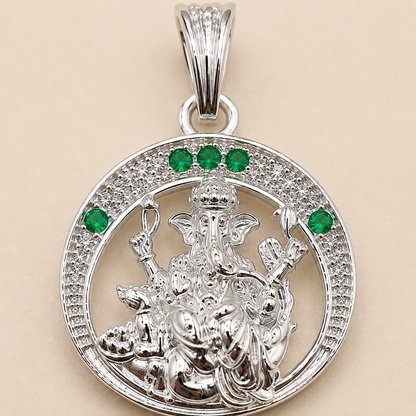 Silver Ganesh ji Pendant | Round with Green Stones