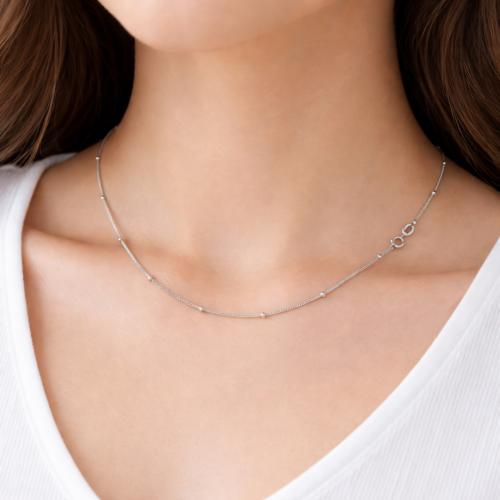 92.5 Pure Silver Rhodium Ladies Chain-Curb chain with Ball-Minimal And Elegant