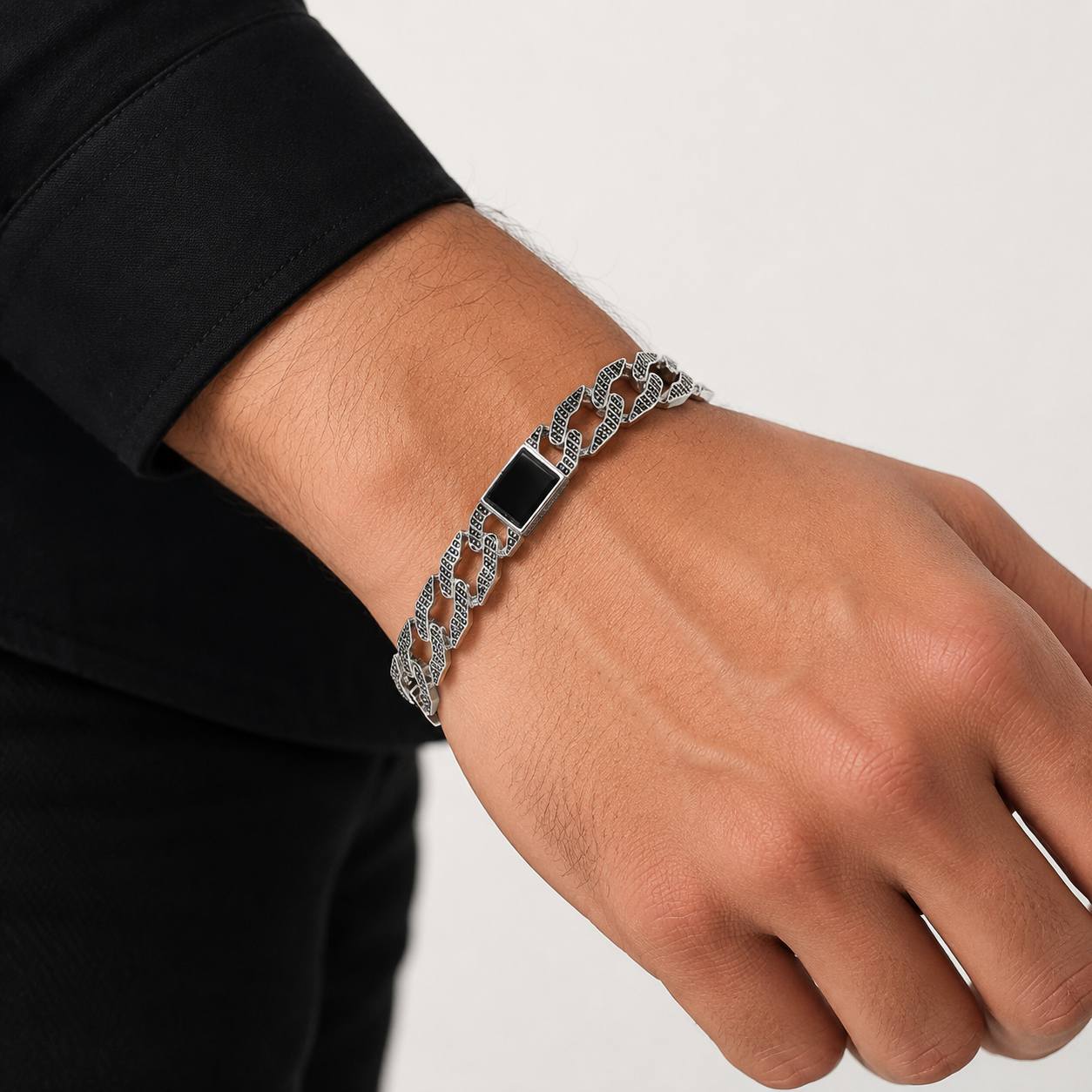 Silver Oxidised Men Bracelet with Rectangle Black Stone