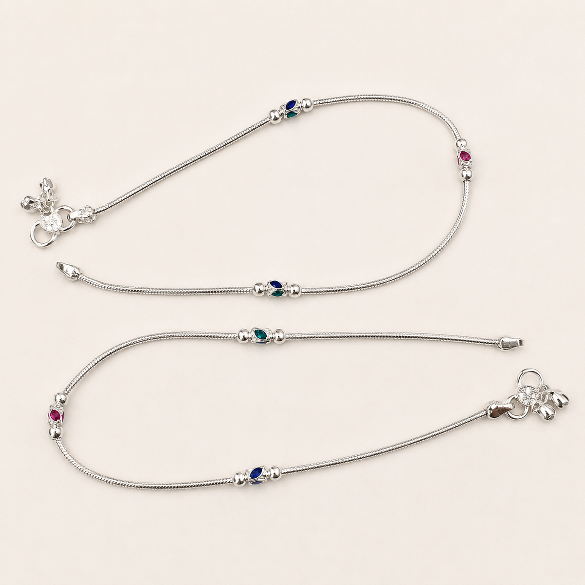 Silver Round Chain Anklet with Meena Beads