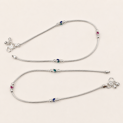 Silver Round Chain Anklet with Meena Beads