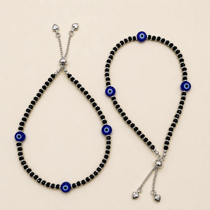 Silver 3 Evil Eye with Black Beads Adjustable Anklet