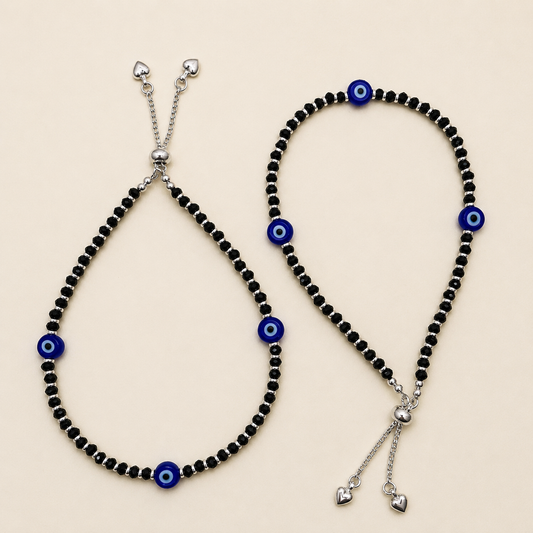 Silver 3 Evil Eye with Black Beads Adjustable Anklet