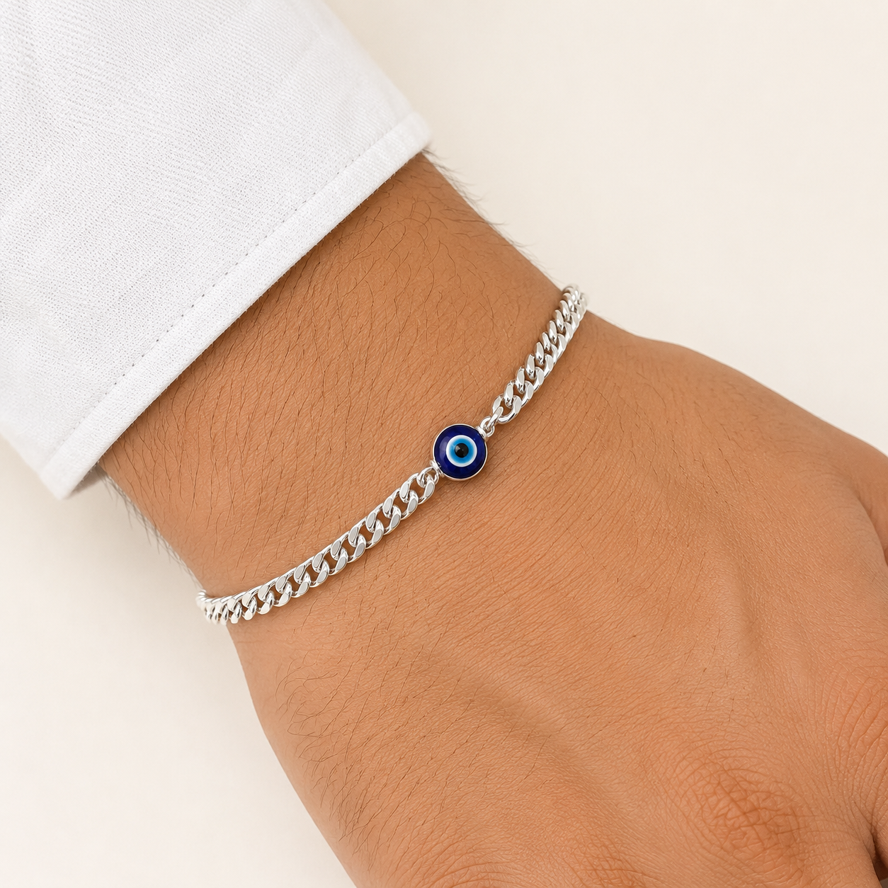 Silver Curb Evil Eye Bracelet